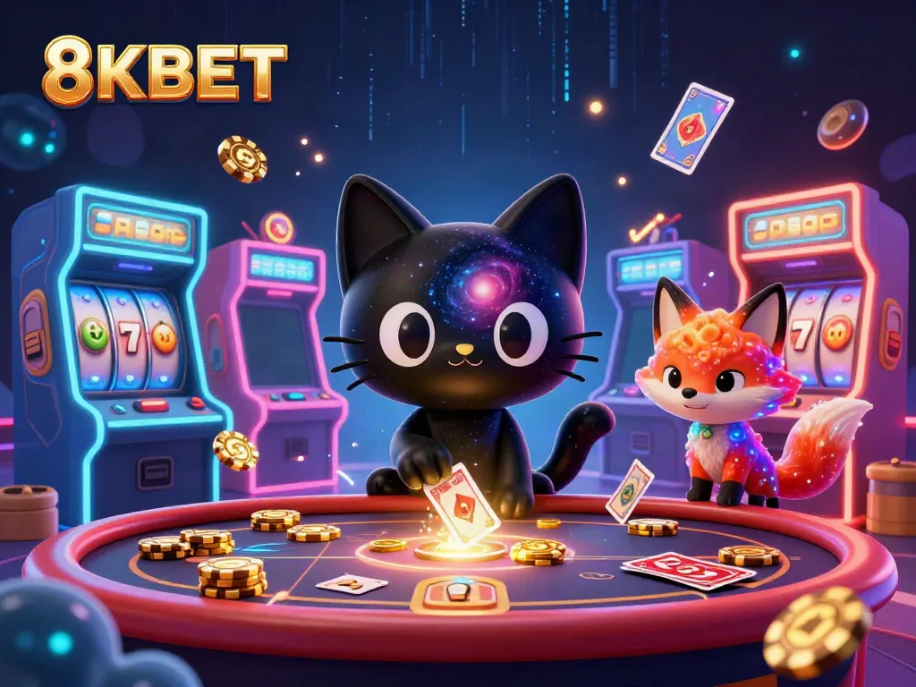 A vibrant cosmic illustration of the black hole cat at a 8KBET casino, pulling in golden chips and cards, amidst colorful gaming elements.
