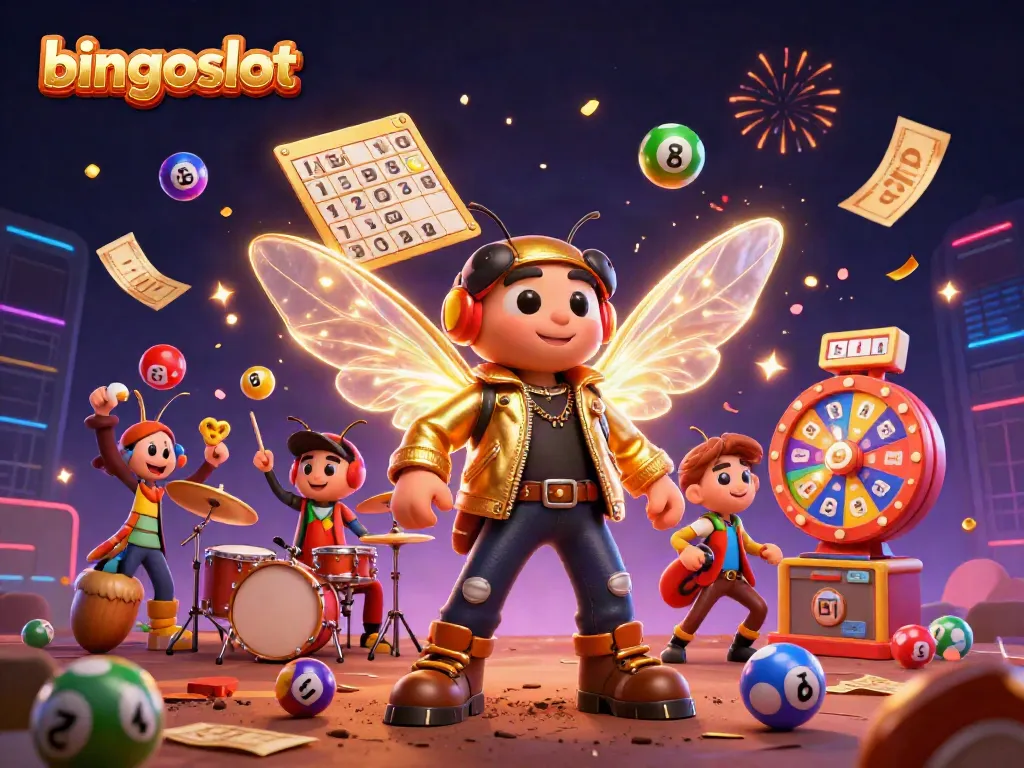 Raih keberuntungan dengan bingoslot dalam ilustrasi kasino dengan karakter menyenangkan dan elemen permainan warna-warni.