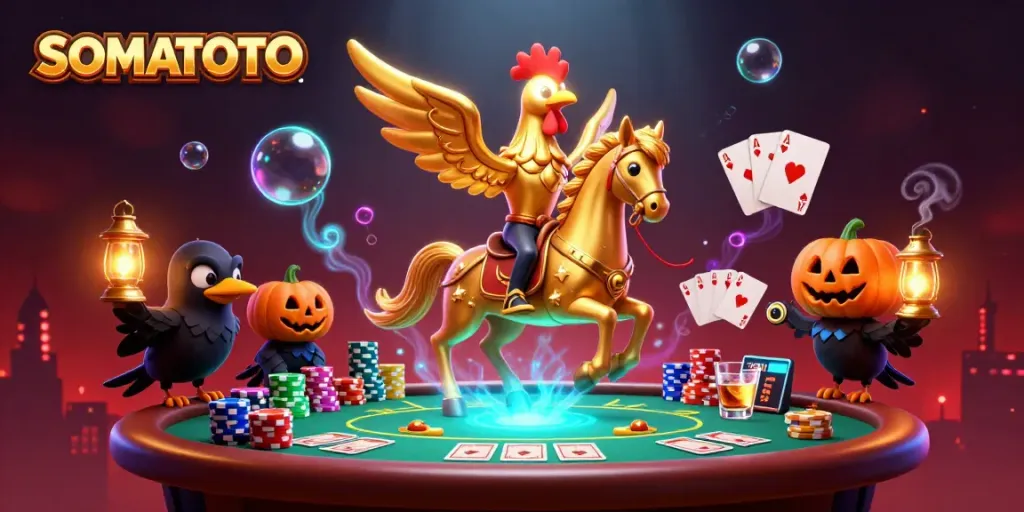 SOMATOTO showcases a vibrant casino scene with a golden rooster and poker elements, emphasizing thrilling gameplay.