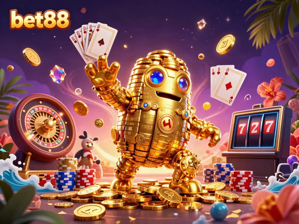 Experience thrilling gaming action at bet88 featuring a golden golem, coins, and vibrant casino elements.