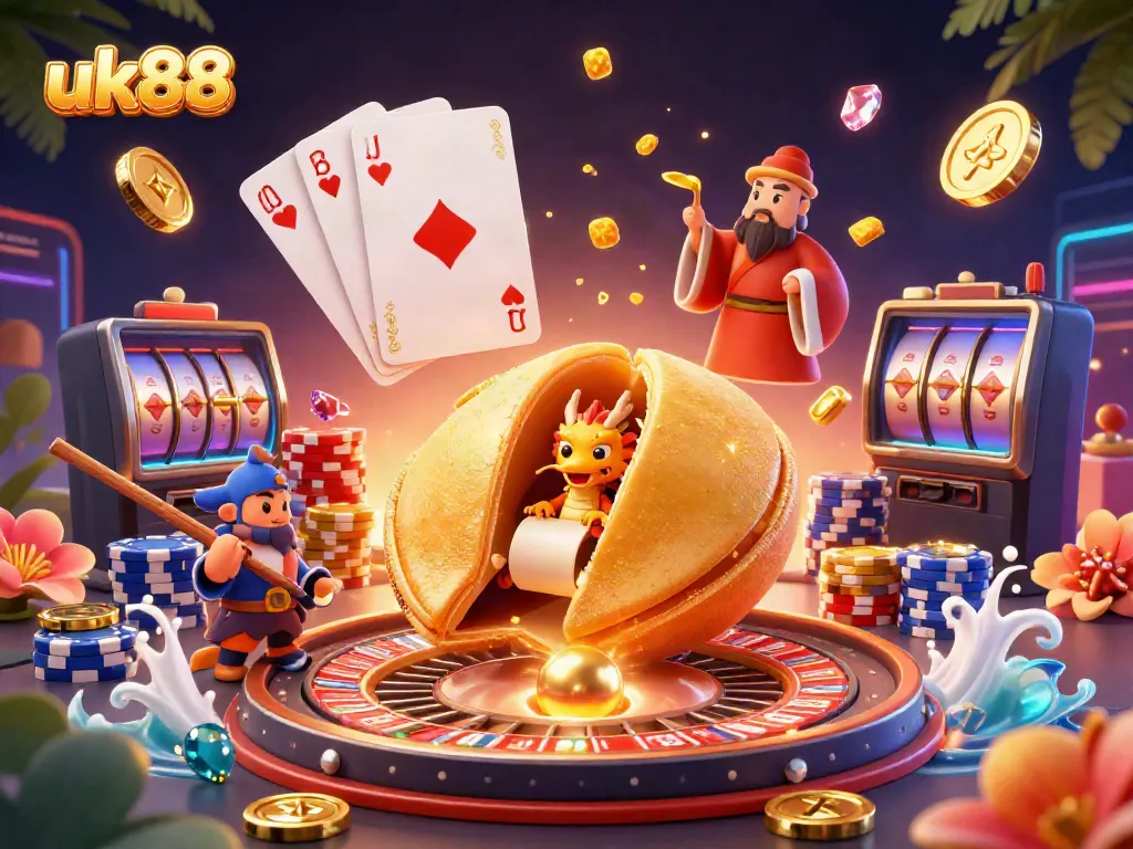 Experience thrilling gaming with uk88: a vibrant illustration of a fortune cookie scene packed with riches.
