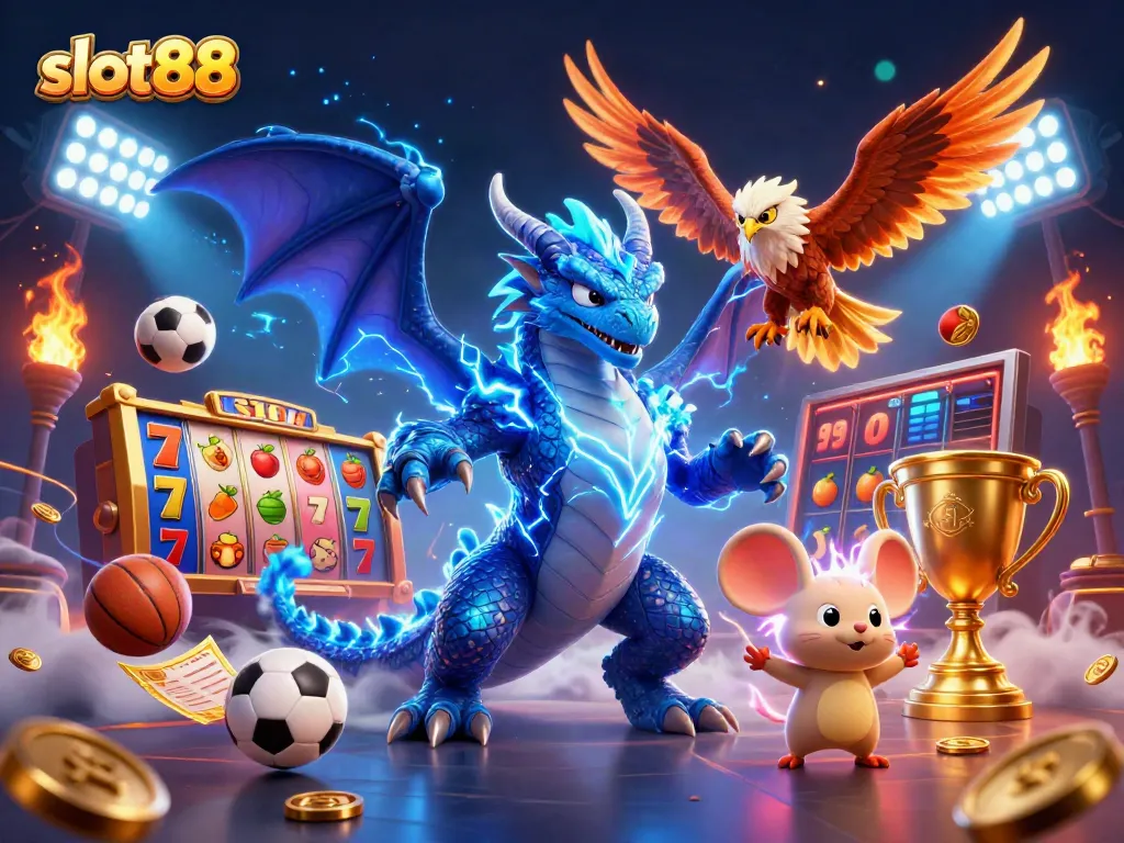 slot88 memainkan mesin slot dengan karakter naga dan burung, menang jackpot besar.