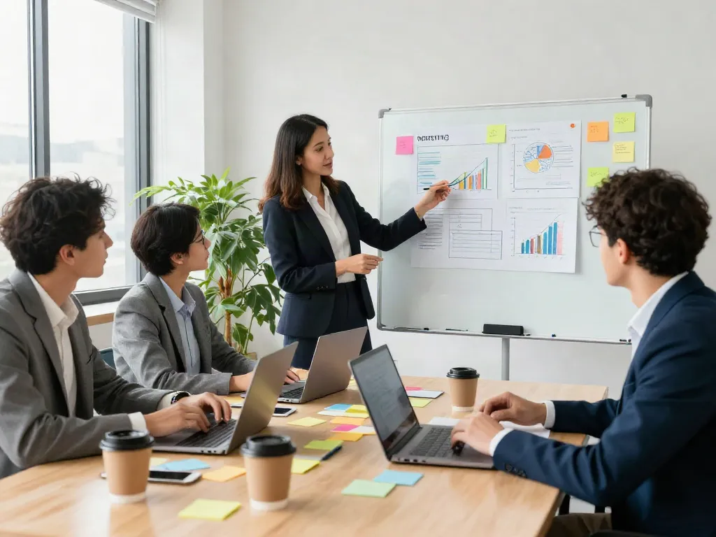 Team brainstorming marketing strategies with metrics focused on pecah 404 in a bright, modern office.