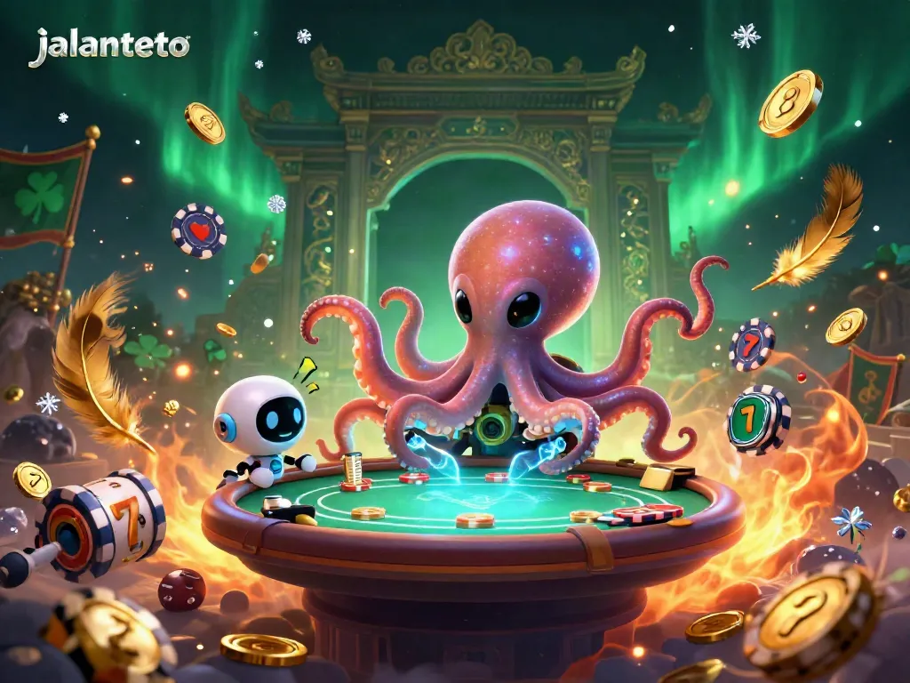 Experience thrilling jackpots with jalantoto's energetic casino illustration showcasing vibrant slot games and poker action.