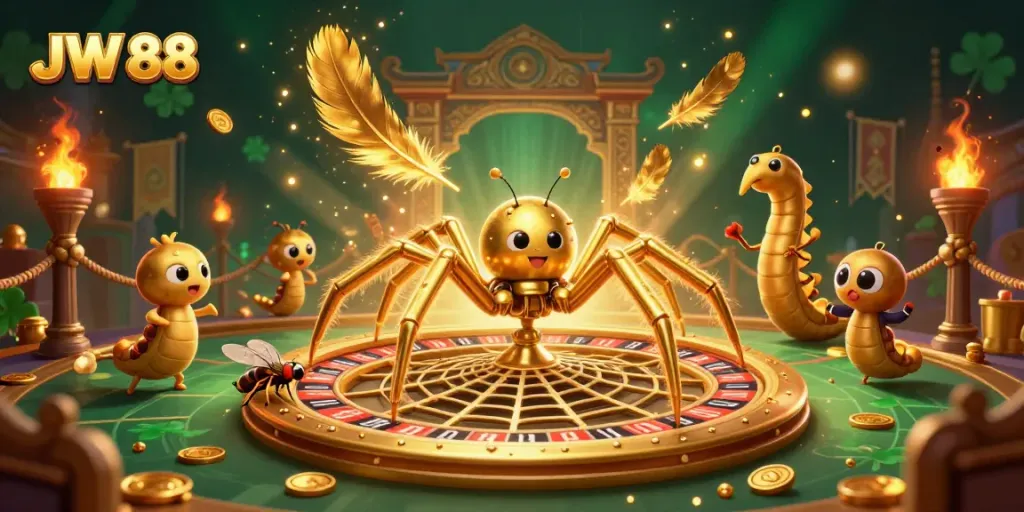 Place bets at JW 88 with a dynamic roulette web scene featuring a golden spider and a centipede dealer.