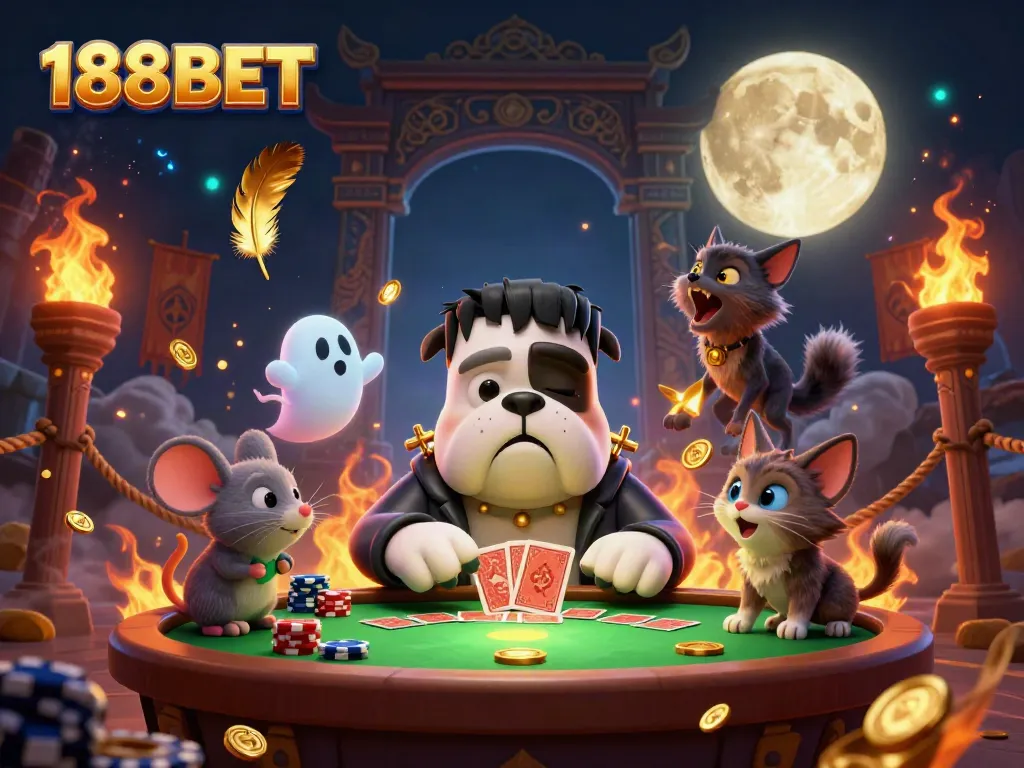 Experience thrilling gameplay with 188BET at a spooky casino table featuring lively characters in a magical setting.