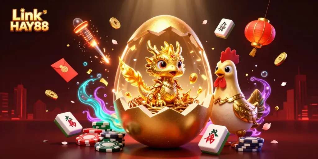Play the exciting Link HAY88 game with a stunning illustration of a golden dragon guarding poker chips and Mahjong tiles.