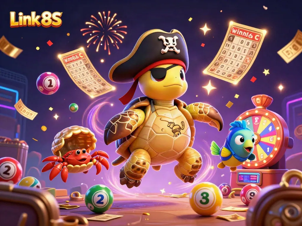 Join the adventure with Link 8S, featuring a pirate turtle and friends among vibrant casino treasures.