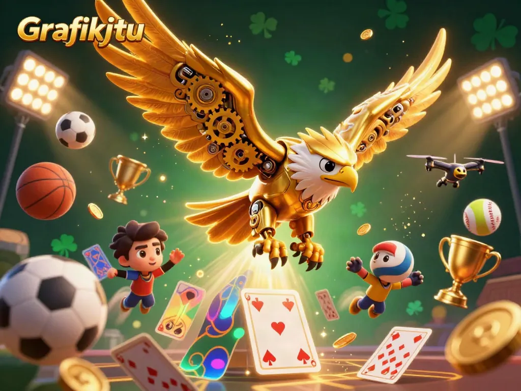 Engage with Grafikjitu's animated betting adventure featuring a golden mechanical eagle amidst dynamic casino elements.