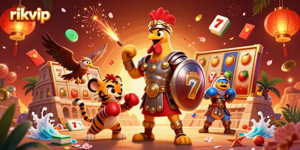 Experience the excitement of rikvip casino games with vibrant elements and characters in rich, dynamic illustration.
