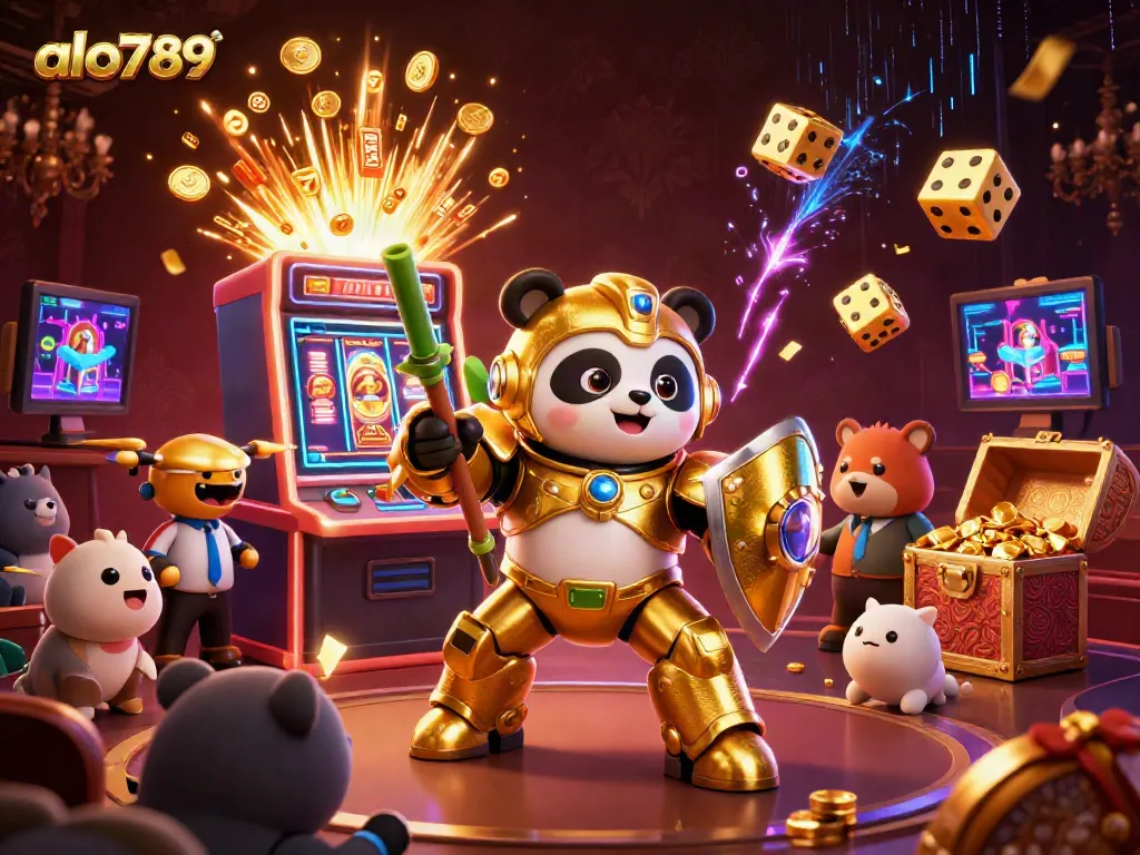 Alo789 features a golden panda in a fitting robot, surrounded by sparkling slot machine winnings.