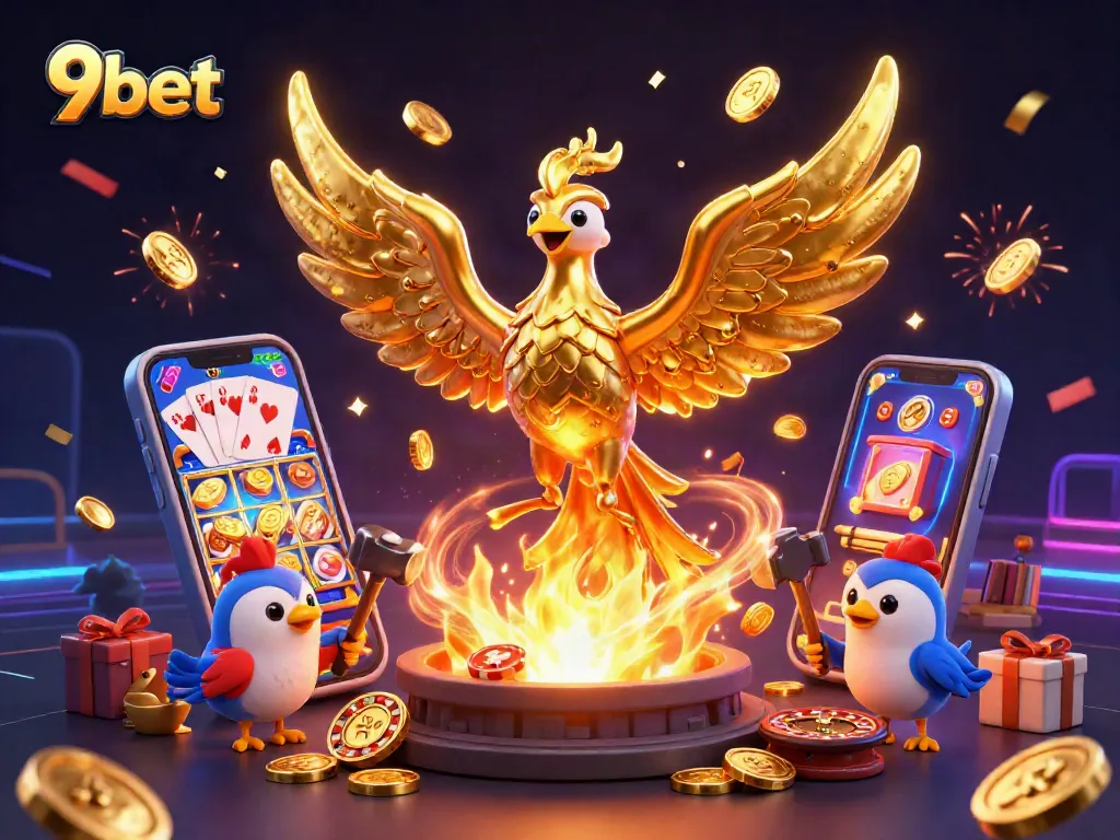 Experience thrilling gameplay at 9bet with a 3D illustration of a golden phoenix and casino elements.