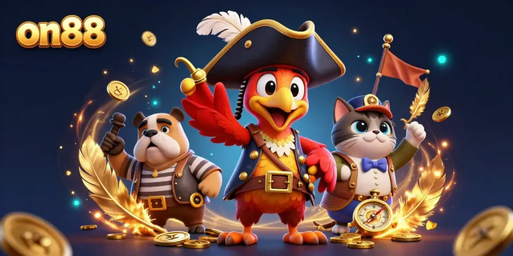 Experience the thrilling entertainment of on88 with a vibrant 3D casino scene featuring animated characters.
