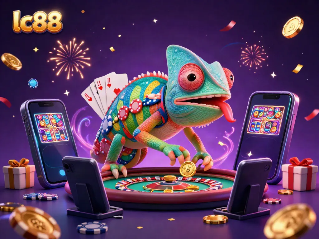 Spin to win at lc88 with a vibrant 3D casino scene featuring a chameleon owner and dynamic game elements.