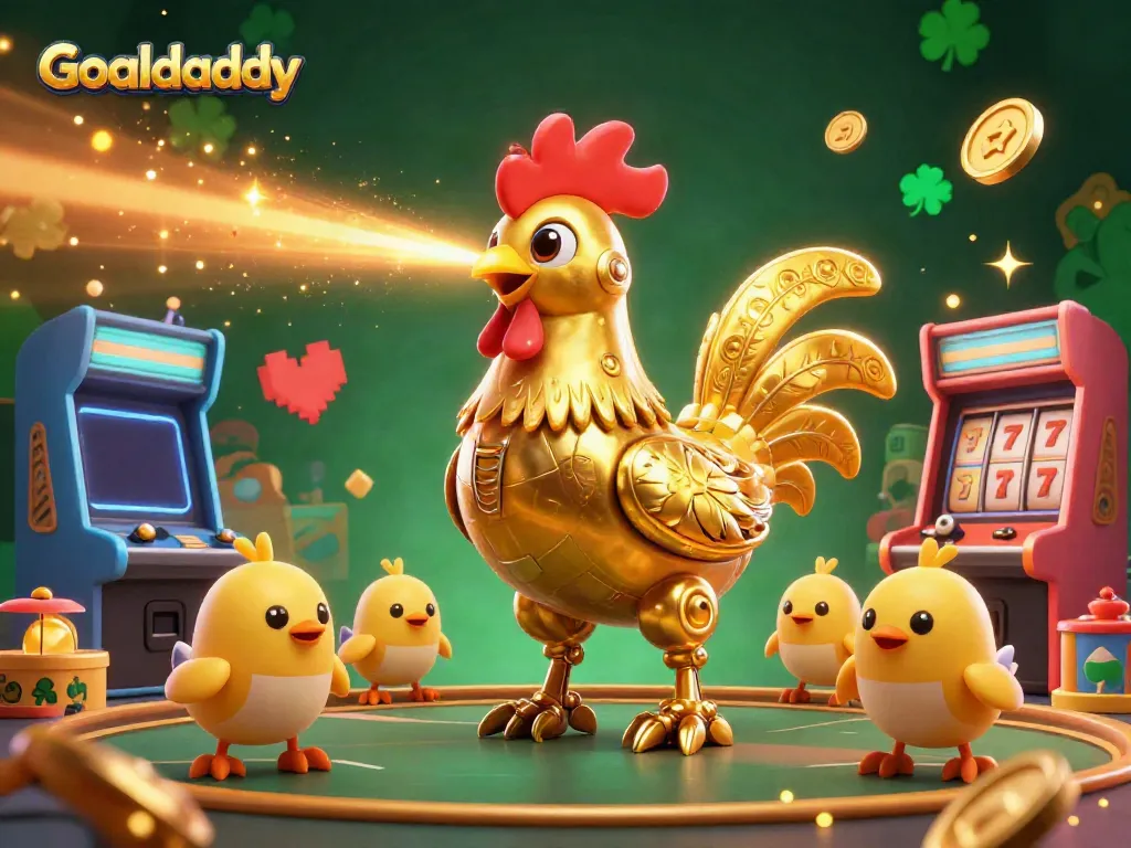 Goaldaddy showcases a thrilling gambling scene with a golden rooster robot and colorful arcade elements, immersing players in the gaming experience.