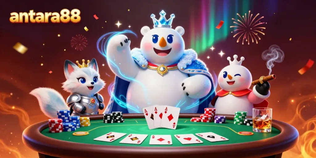 Engage in thrilling action at antara88 with an ice king polar bear, poker elements, and festive confetti.