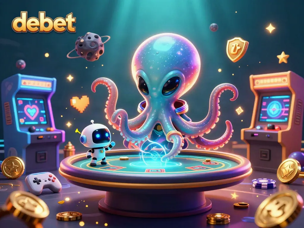Engage with debet's vibrant 3D casino adventure as an alien octopus plays holographic poker.