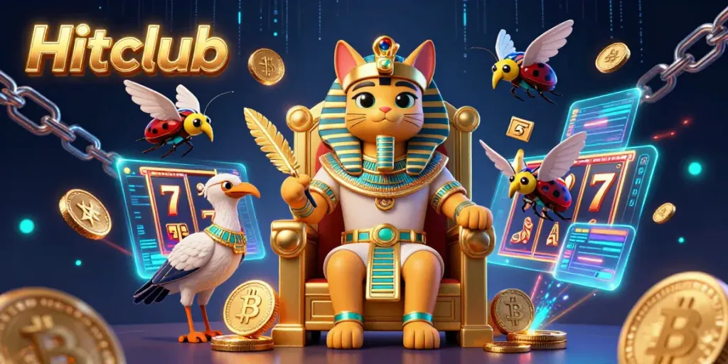 Hitclub enhances gameplay with a vibrant 3D scene featuring a pharaoh cat, cryptocurrency elements, and jackpot symbols.