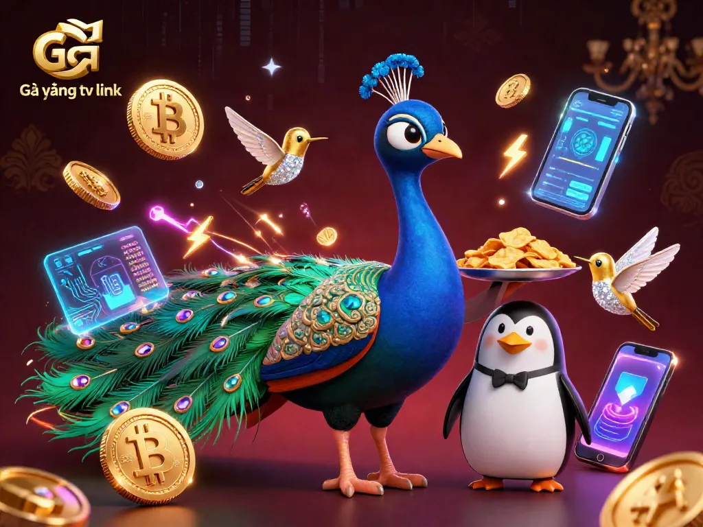 Engage with the Gà vàng tv link featuring a cartoon peacock and casino elements in a vibrant gambling scene.