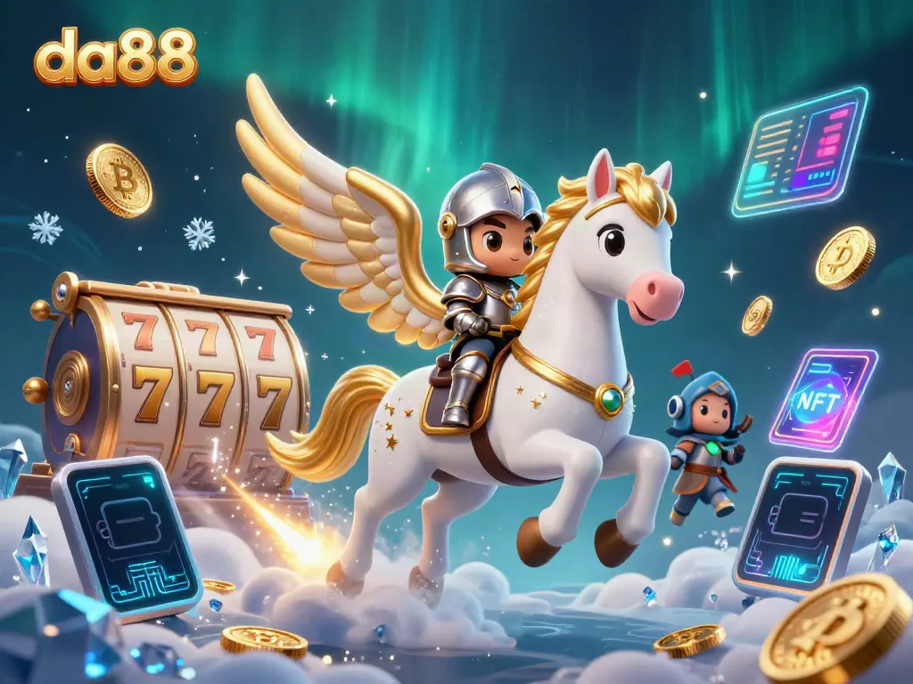 Experience thrilling gaming action at da88 with a celestial horse and knight amidst vibrant slot reels and cryptocurrency.