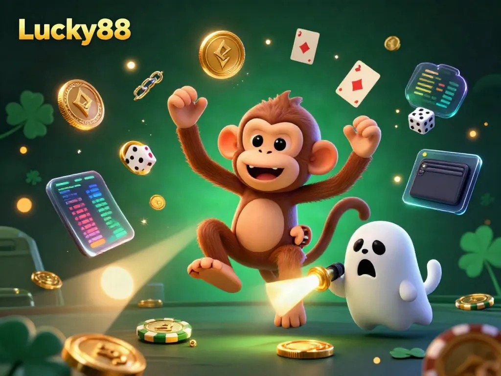 Play thrilling games at Lucky88 with golden coins and crypto elements in this dynamic casino scene.