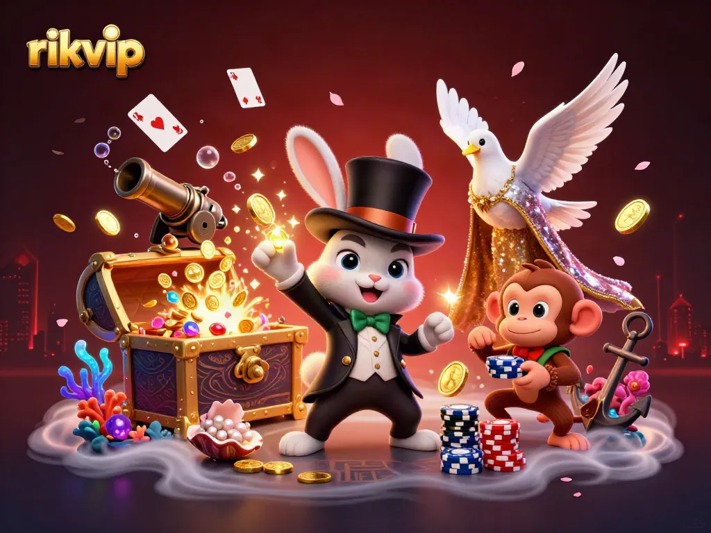 Experience exciting winning adventures at rikvip with a cartoon magician, dove, and monkey in a dynamic casino-themed scene.
