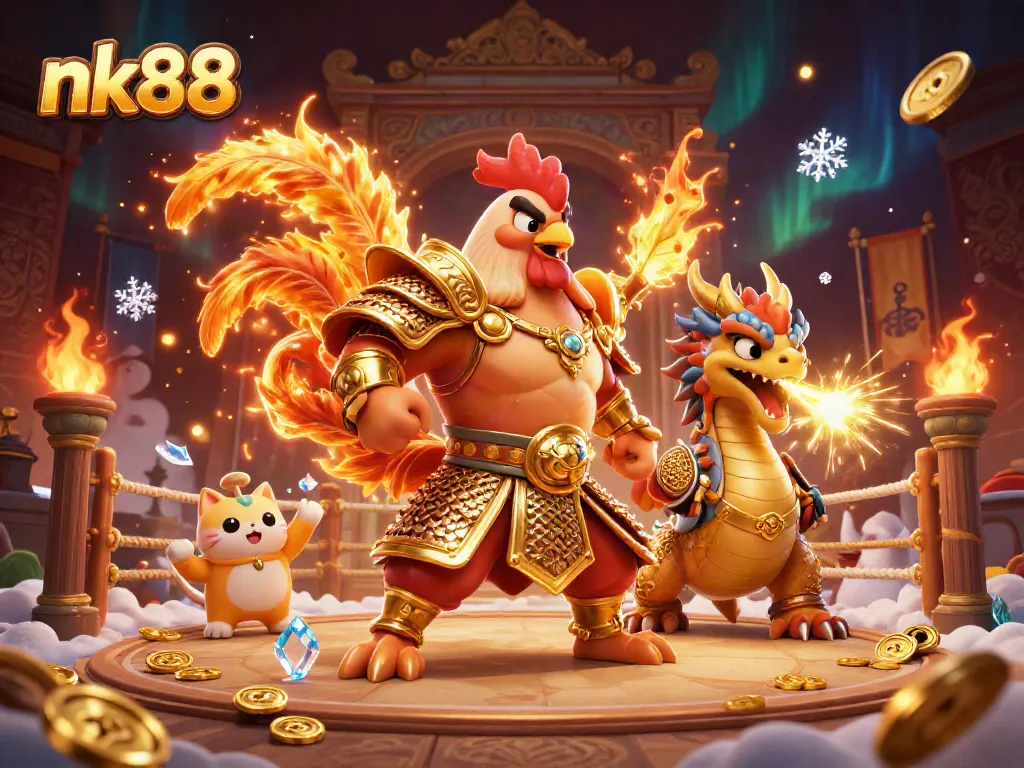 Join the action with nk88 in a vibrant, packed 3D illustration depicting a fighting rooster warrior and dragon.