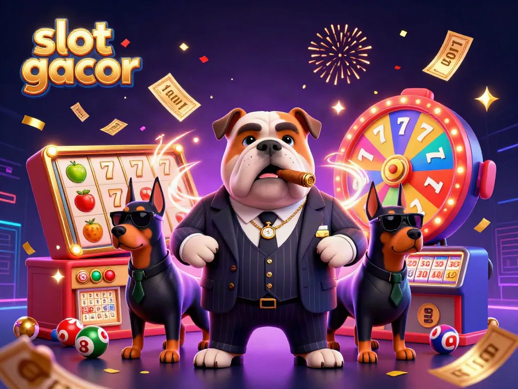 Slot gacor menunjukkan bos mafia dengan anjing penjaga sambil berjudi dalam suasana kasino yang meriah.