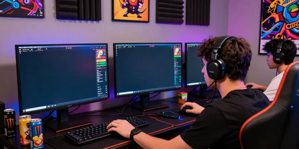 Engaging gamer enjoying slot gacor hari ini on colorful screens in a dynamic gaming setup.
