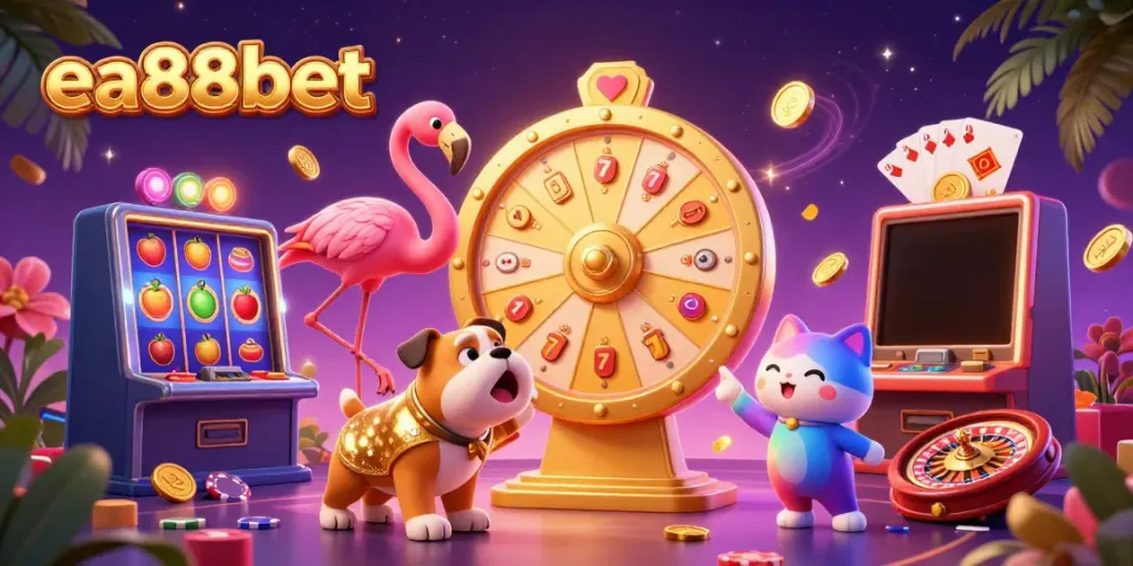 Win big with ea88bet in a lively casino scene showcasing a flamingo host, bulldog contestant, and prize wheel.