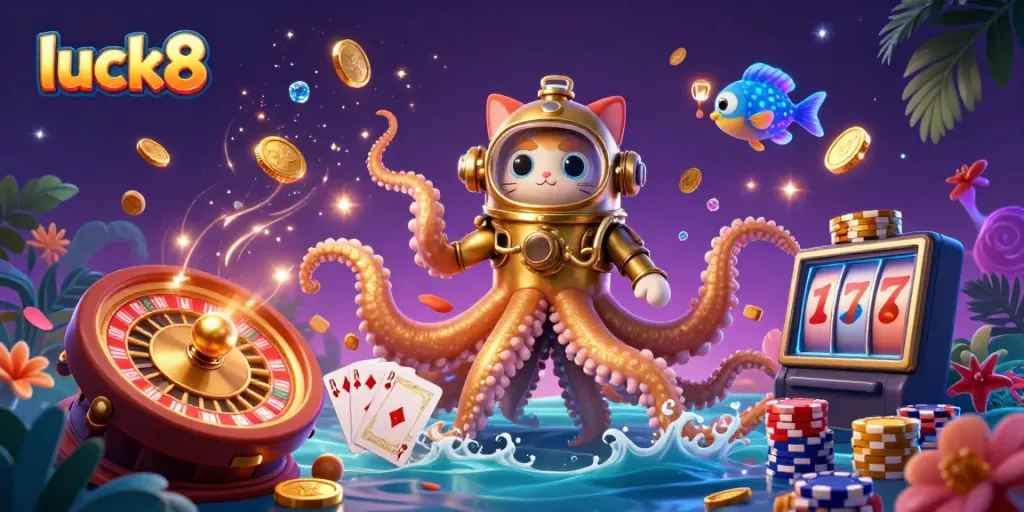 Engage with the excitement of luck8 as a kraken, diving cat, and glowing fish emerge in a vibrant casino world.