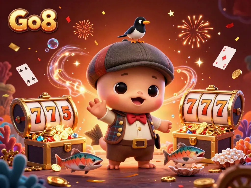Go8 brings excitement to life with an illustrated scene of fun casino gaming elements and cheerful characters.