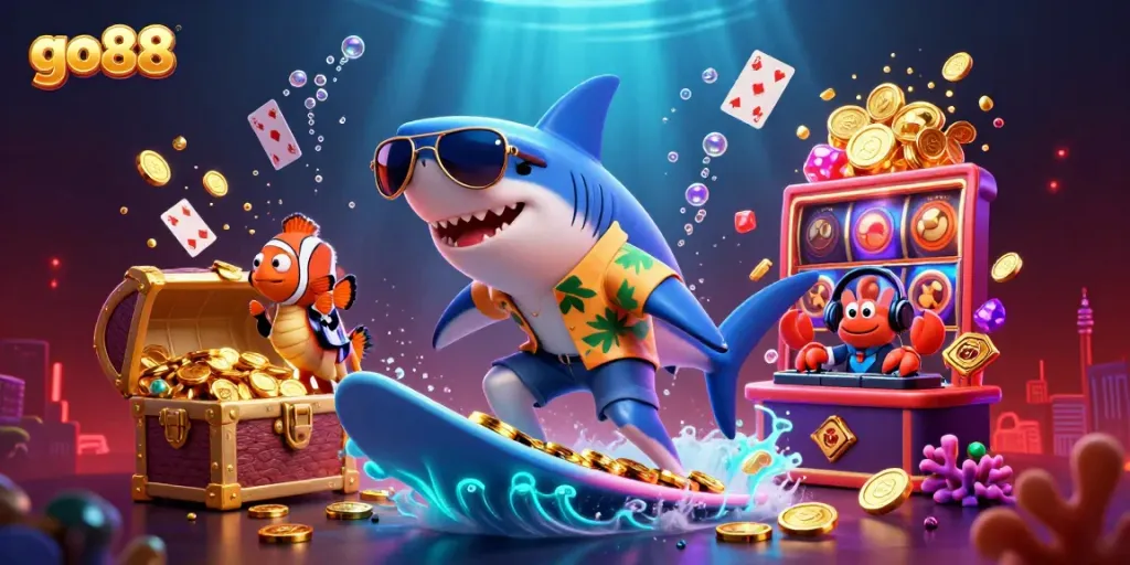 Experience go88's vibrant underwater casino carnival with a surfing shark and dazzling treasures.