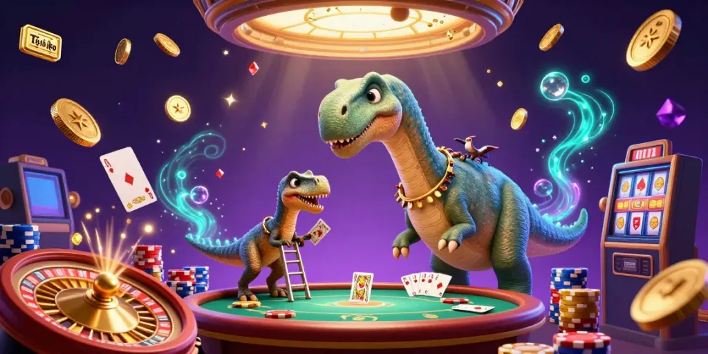 The dynamic scene featuring the Tỷ lệ kèo logo and characters, showcasing casino games and vibrant elements.