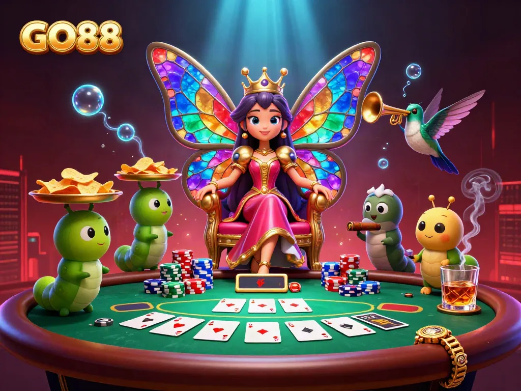 Experience the excitement of GO88 with a vibrant, detailed casino illustration showcasing poker action.