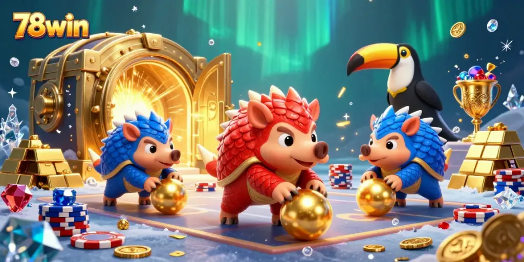 Engaging scene of pangolins and a toucan referee representing 78win in a lively gaming atmosphere.