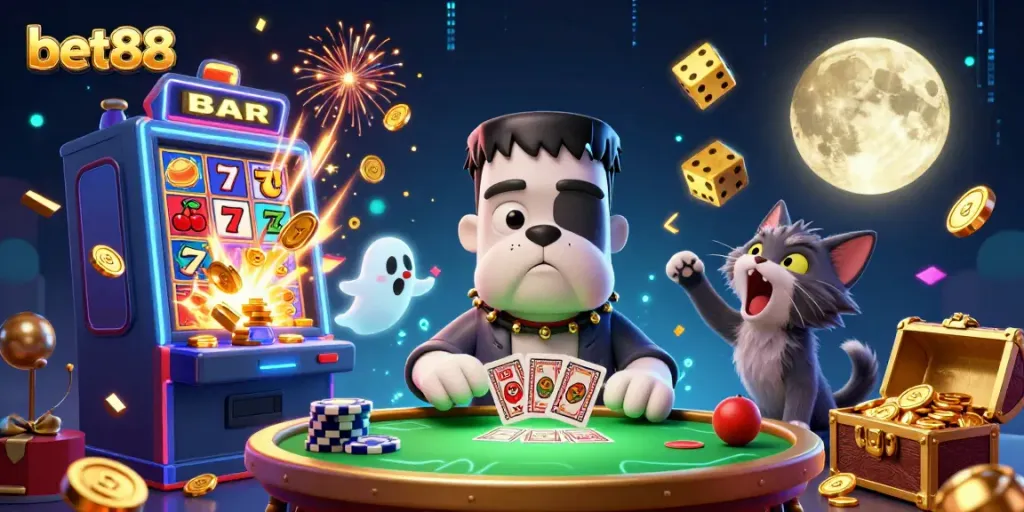 Experience the thrill of bet88 with a whimsical 3D casino scene featuring dynamic characters, vibrant colors, and immersive elements.