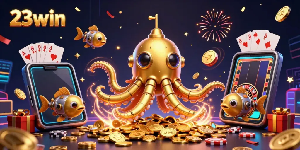 Engage with 23win's dynamic 3D casino environment featuring golden kraken and mechanical fish.