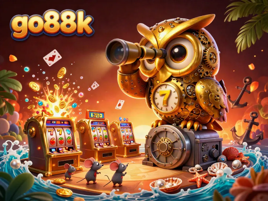 Engage in thrilling gameplay at go88k with a vibrant casino scene featuring a clockwork owl and rich game elements.