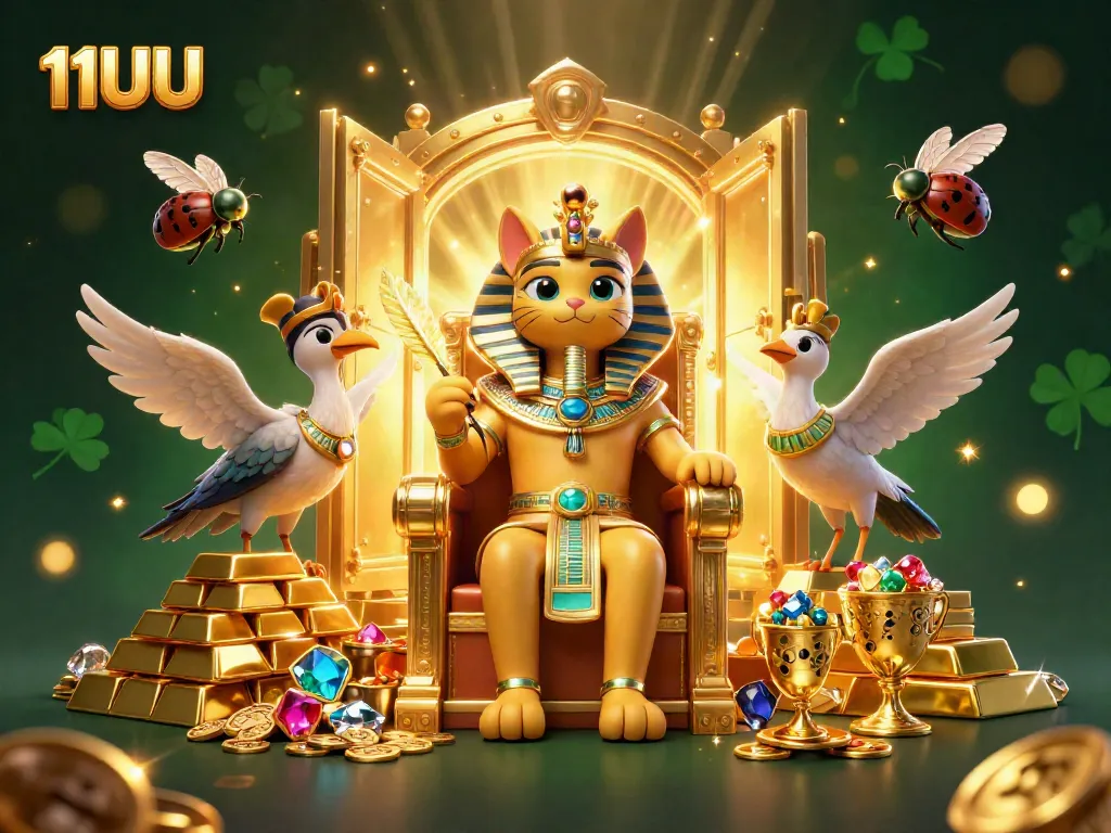 Experience the excitement at 11UU with the Egyptian pharaoh cat in a vibrant casino setting, showcasing gold riches and luxury.