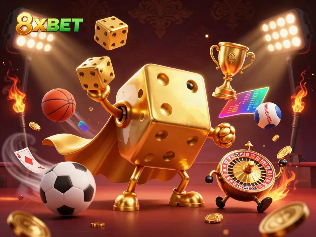 Engage with the dynamic gaming scene promoting 8XBET through golden dice and vibrant sports elements.
