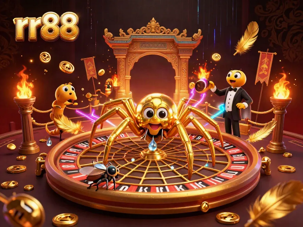 Watch the rr88 spider dealer spinning a roulette web while a fly places bets in a vibrant casino scene.