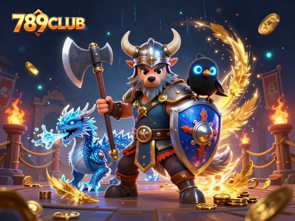 Engage with 789CLUB's vibrant 3D casino scene showcasing a Viking wolf warrior and dragon.