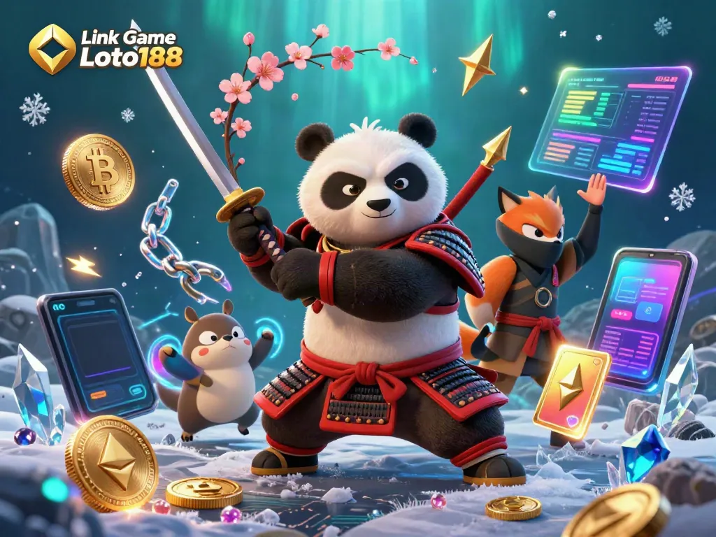 Experience thrilling action with Link Game Loto188 in a dynamic 3D casino scene featuring samurai panda and ninja fox.