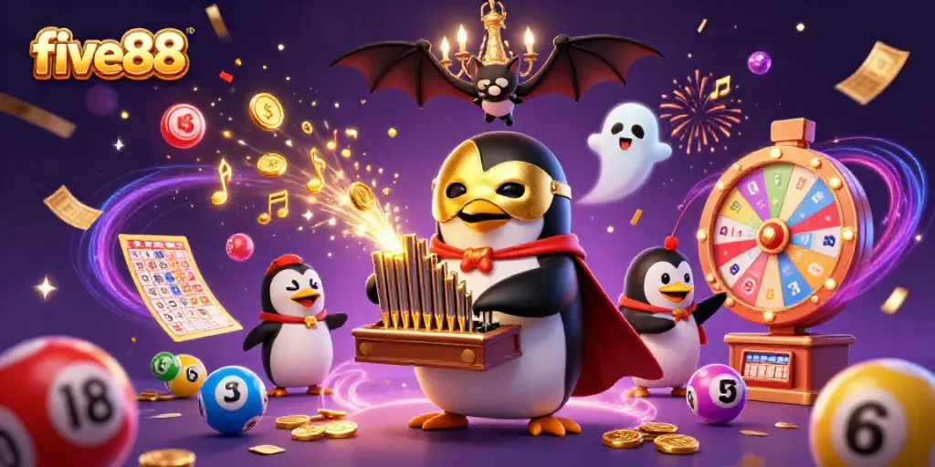 Experience the excitement of five88 with a vibrant casino scene featuring a penguin organist and dynamic lottery elements.