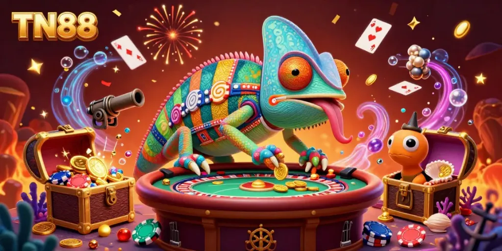 Engage with TN88's vibrant casino experience featuring a colorful chameleon and dynamic game elements.