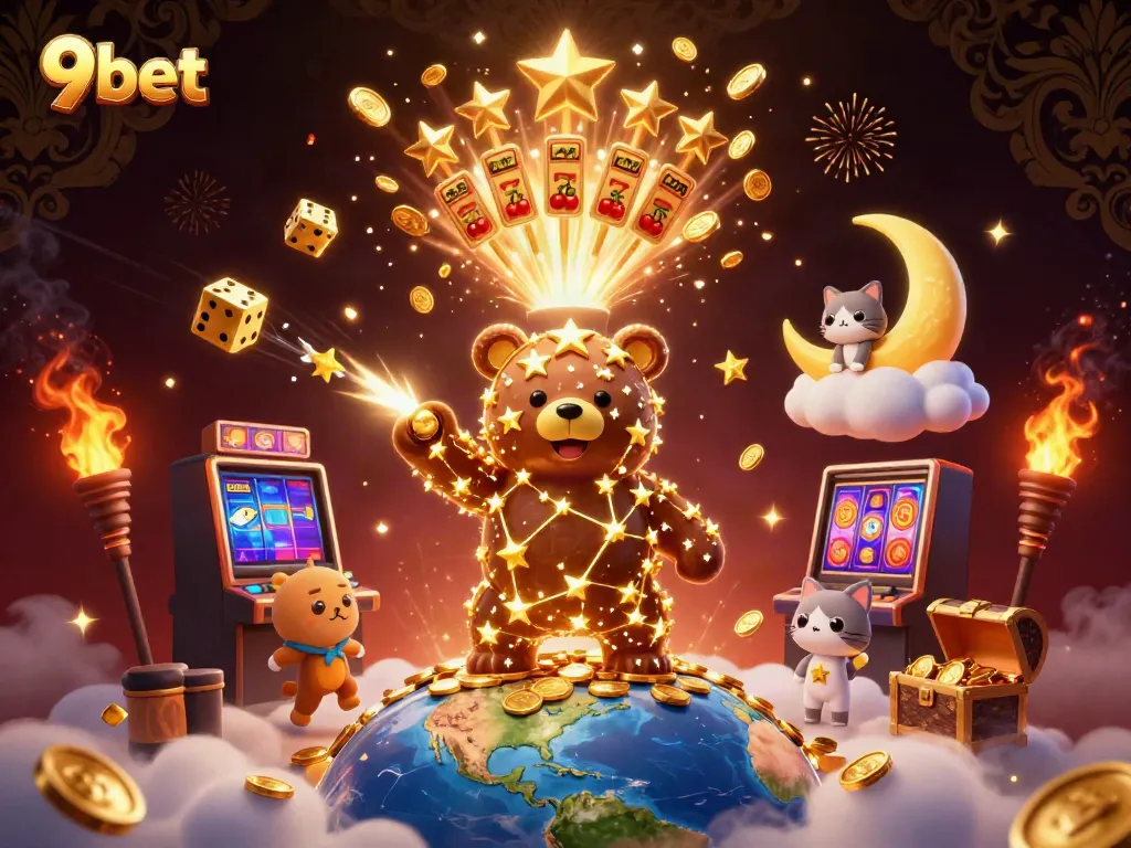 Engage in thrilling gameplay with 9bet's vibrant 3D digital illustration featuring an exciting slot machine and casino elements.
