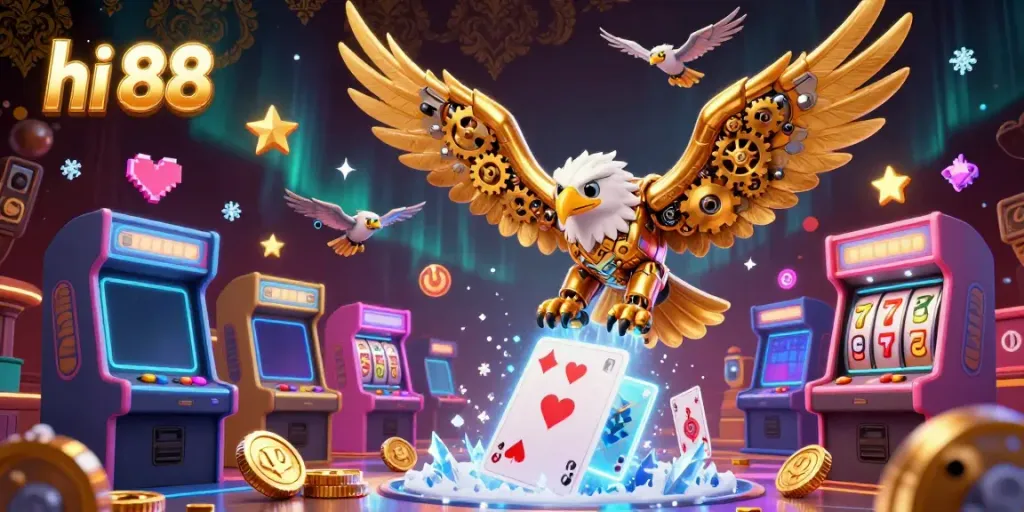 Dive into hi 88's vibrant casino world with a dynamic golden eagle and colorful game elements.