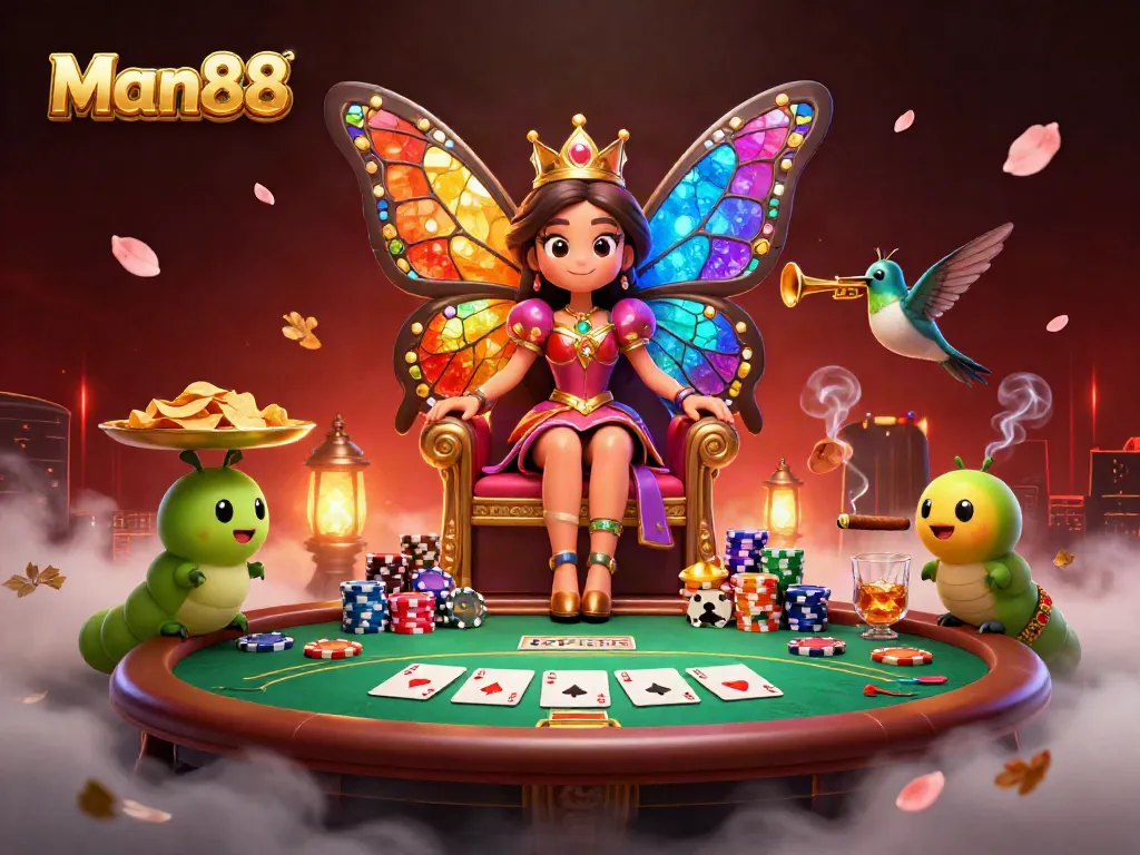 Experience the enchanting world of gambling at Man88, where a butterfly queen oversees a vibrant casino scene.
