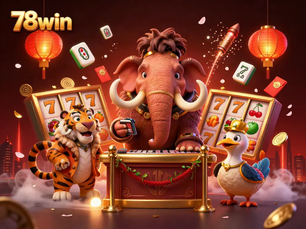 Experience 78win with vibrant 3D characters in a dynamic casino illustration featuring slots and mahjong elements.